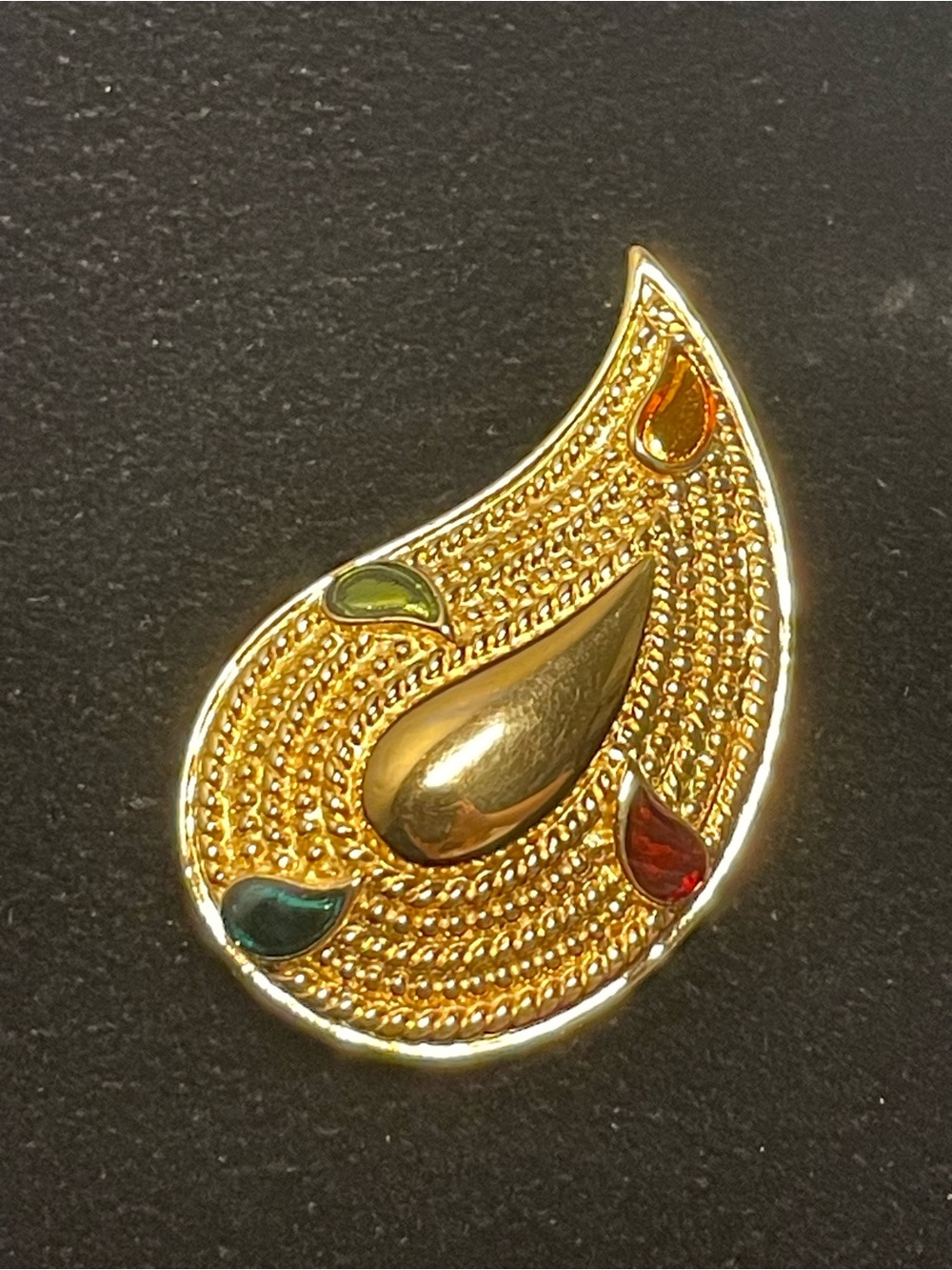 Gold Paisley Teardrop Brooch with Multicolor Accents